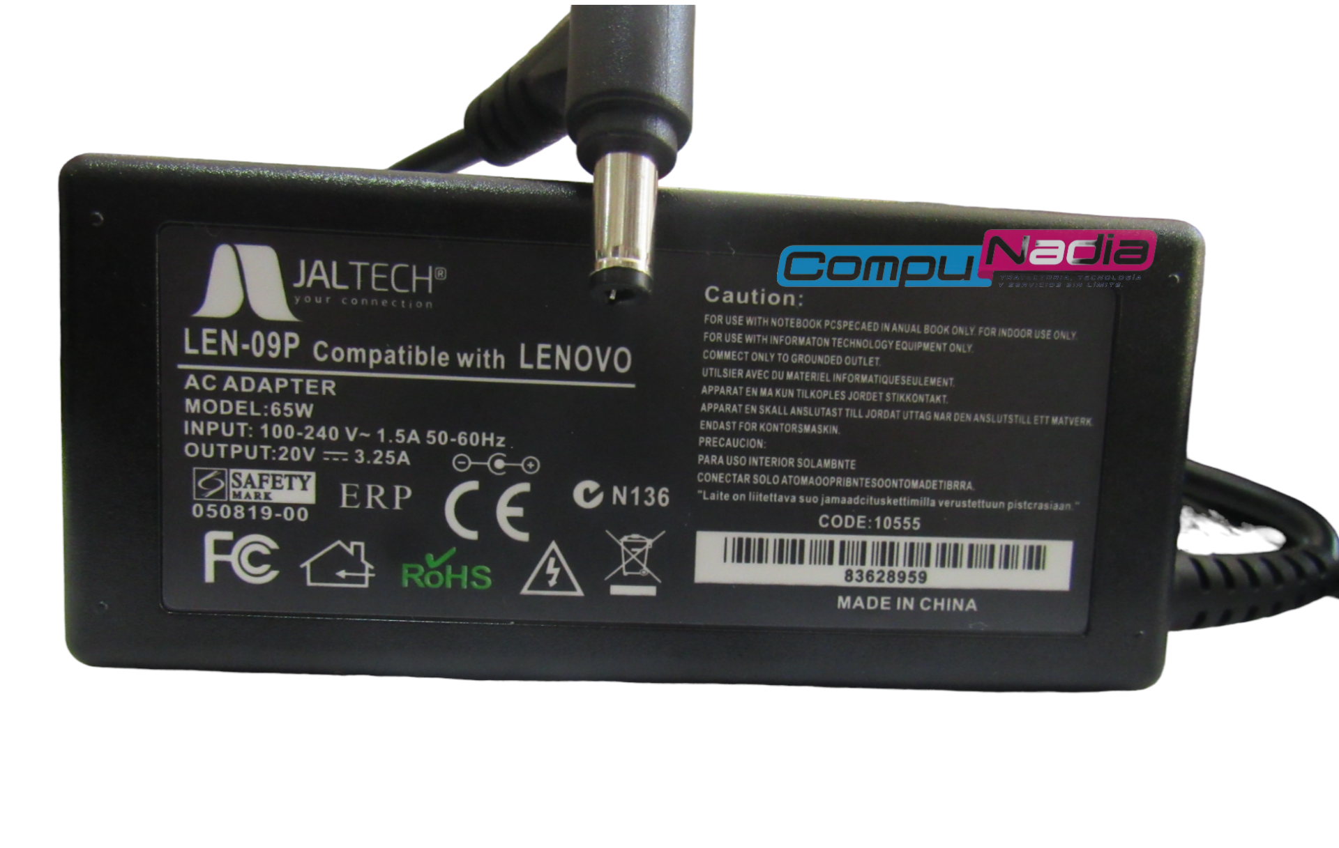 CARGADOR PARA PORTATIL LENOVO 20V 3.25A PREM JALTECH LEN-09P