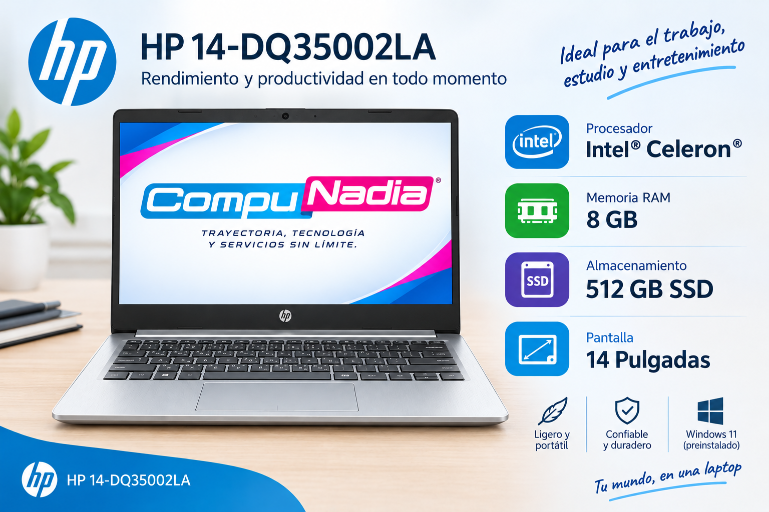 COMPUTADOR PORTATIL HP 14 35002LA CELERON 8GB SSD 512 GB
